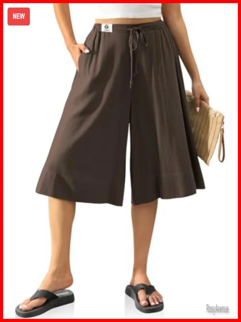 Linen Capri Pants Wide Leg Drawstring Elastic Waist with Pocket Summer Culottes