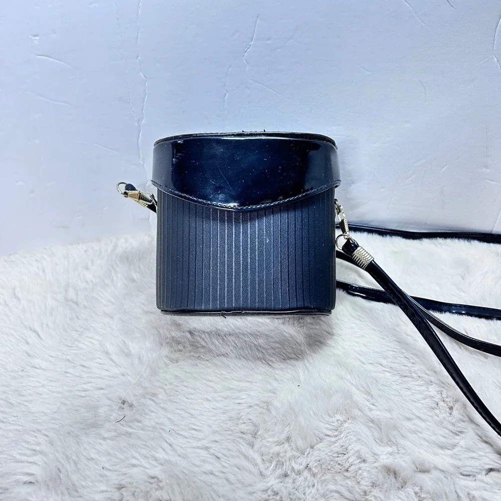 Vintage‎ Black Ribbed Cylinder Vanity Cosmetic Evening Bag Purse