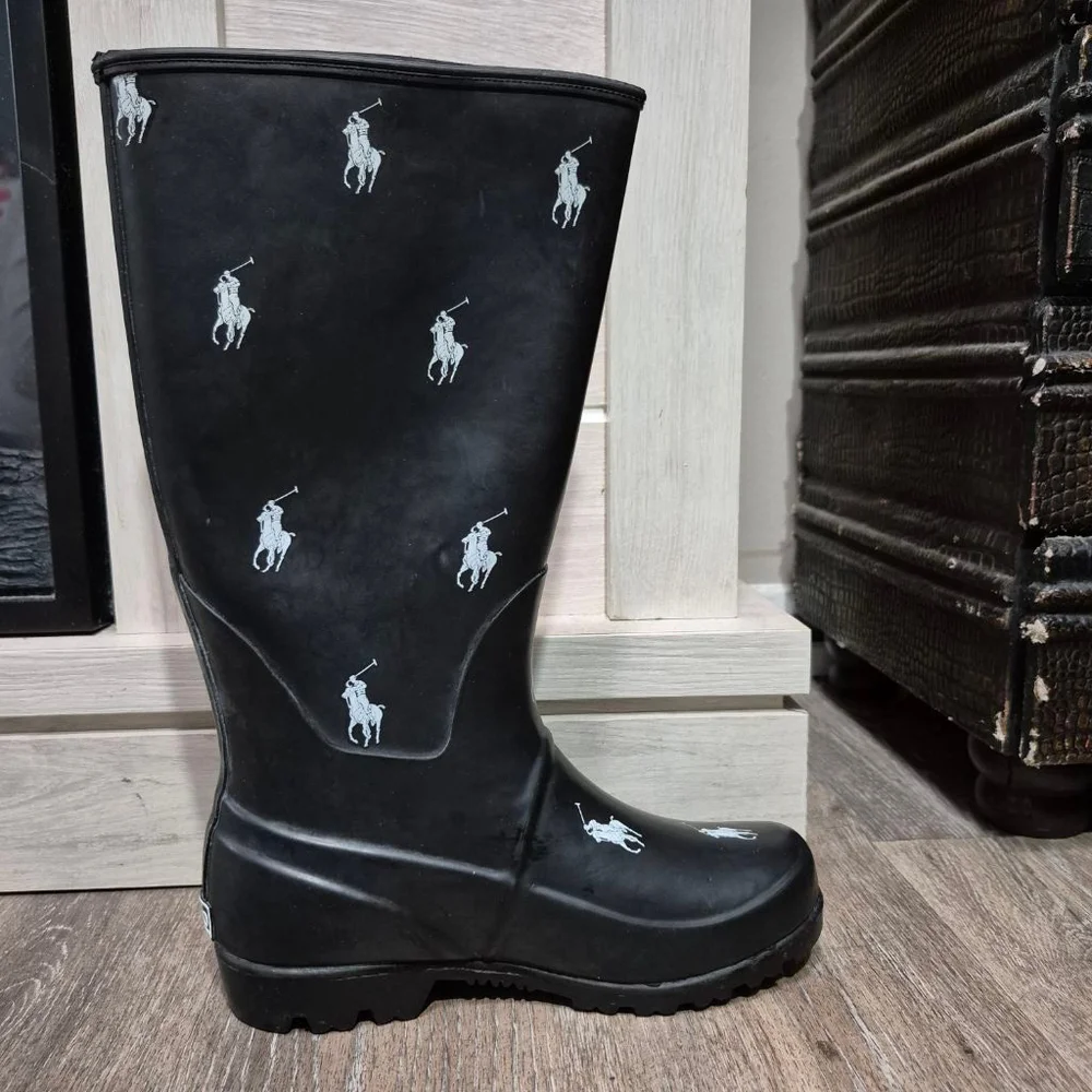 Polo Black Rain Boots with White Logos kids sz 2