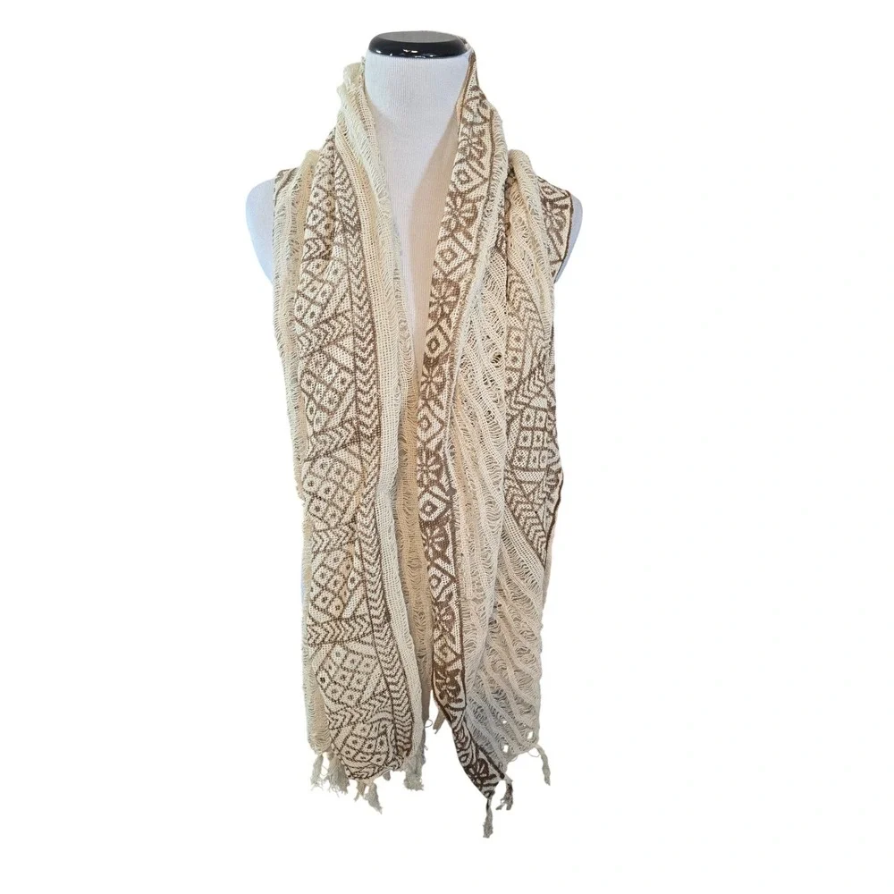 Nikky Women's‎ Cream Brown Geometric Print Open Weave Cotton Scarf Wrap New