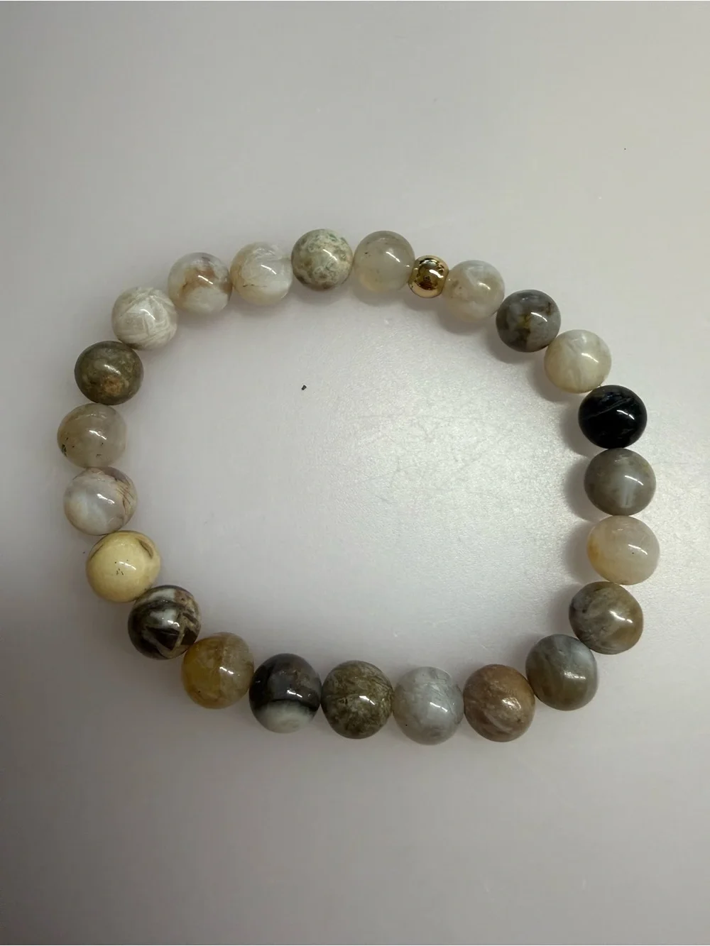 Neutral Multitone Agate Beaded Stretch Bracelet with Gold Accent