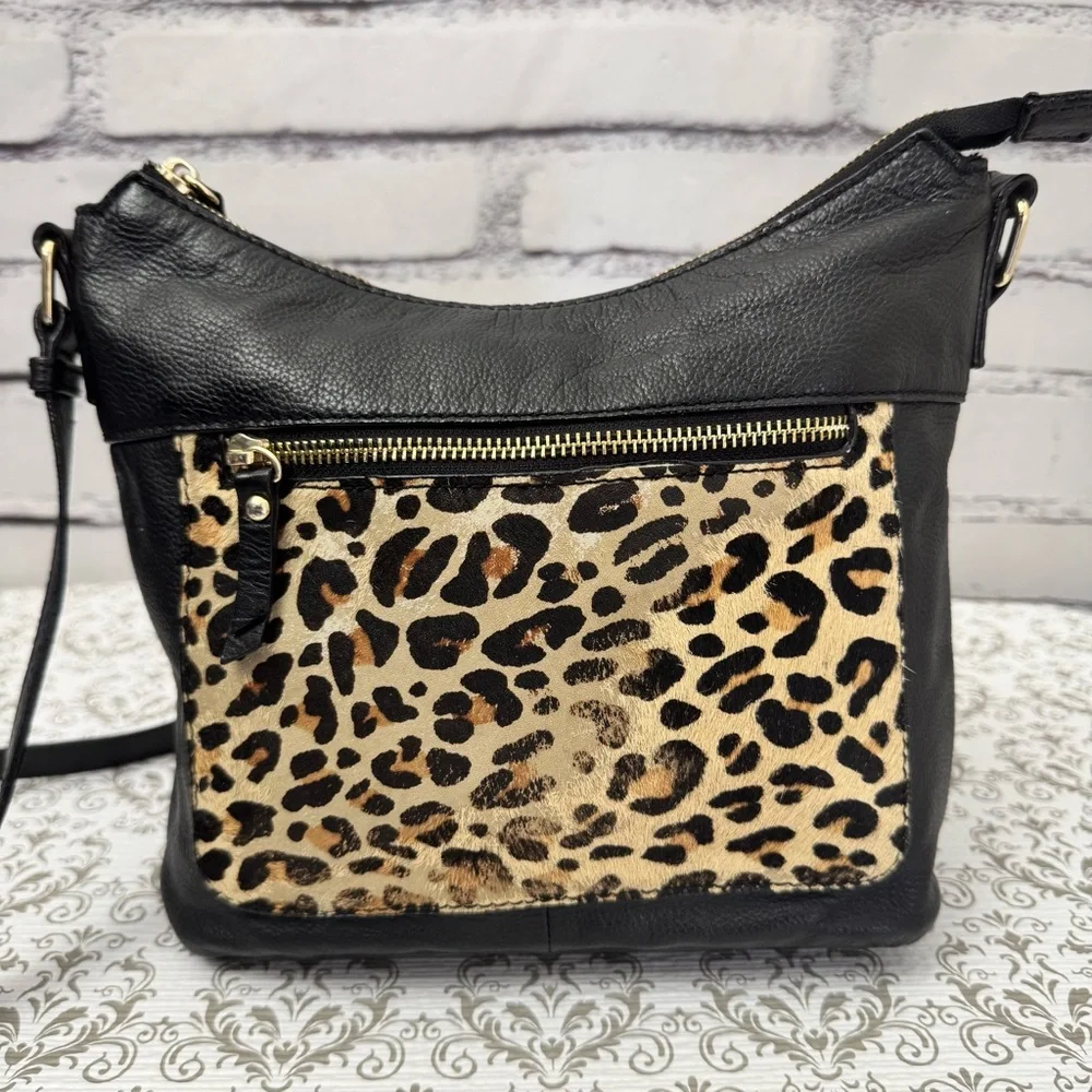 Steven by Steve Madden Leather Leopard Haircalf‎ Crossbody Bag Black Gold Zip