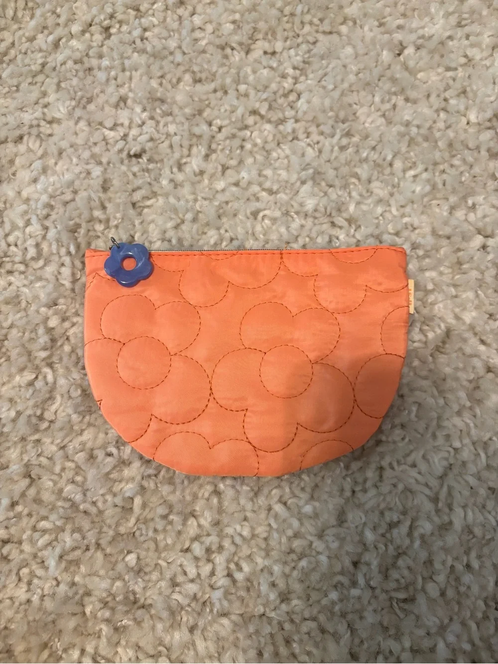 Quilted Orange Floral Makeup Purse with Purple Flower Pull