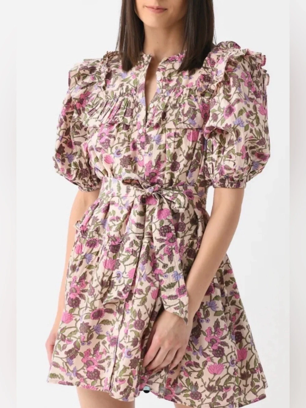 Cleobella Willa Mini Dress Floral Organic Cotton Puff Sleeve Belted Medium