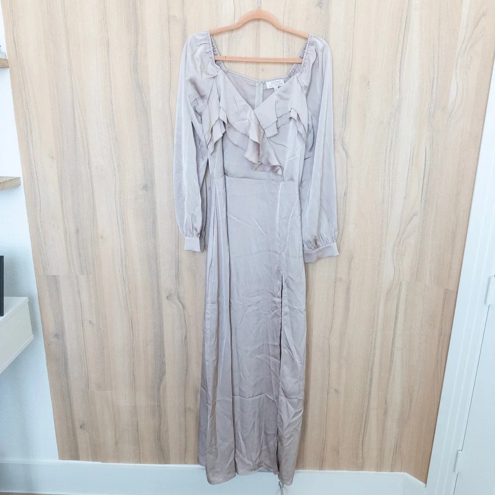 Long Sleeve‎ Ruffle Maxi Dress Size 12 Champagne Satin Cottage Romantic Wedding