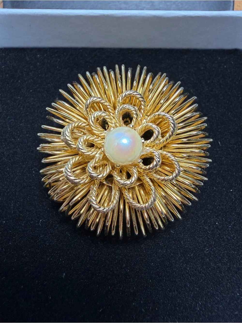 VTG Mid Century Modernist Gold Wire Sputnik Starburst Pearl Statement Brooch Pin