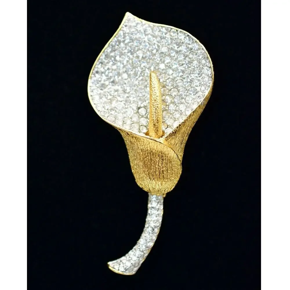 Nolan Miller Vintage Lily Pin Brooch Calla Rhinestone Pave Gold Signed 80s Bin1