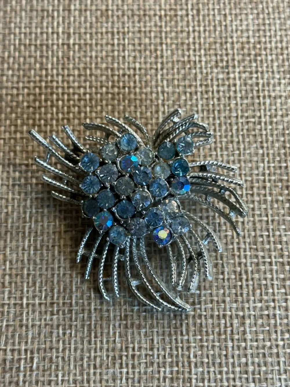 Vintage Coro Silver Tone‎ Blue Aurora Borealis Rhinestone Burst Brooch Pin MCM
