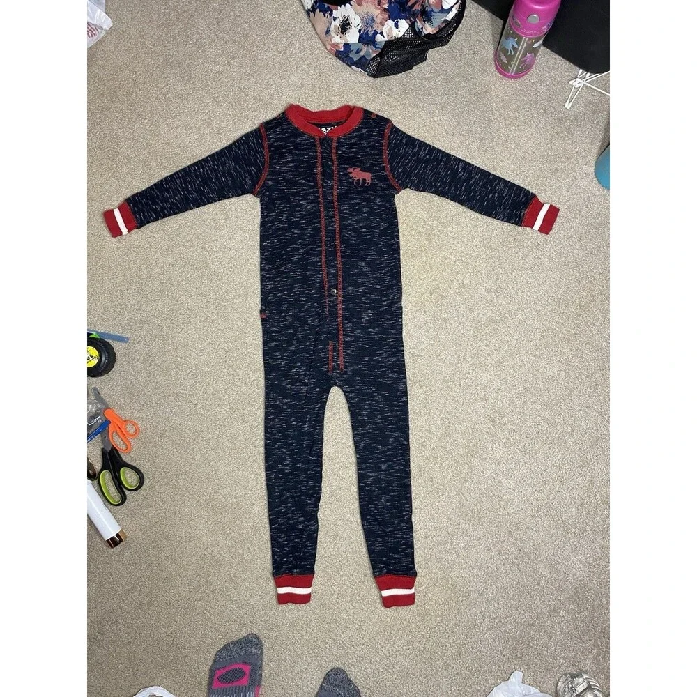 Lazy One Moose Caboose Faux Flap Pajamas 3T Blue Red Plaid Union Suit One Piece