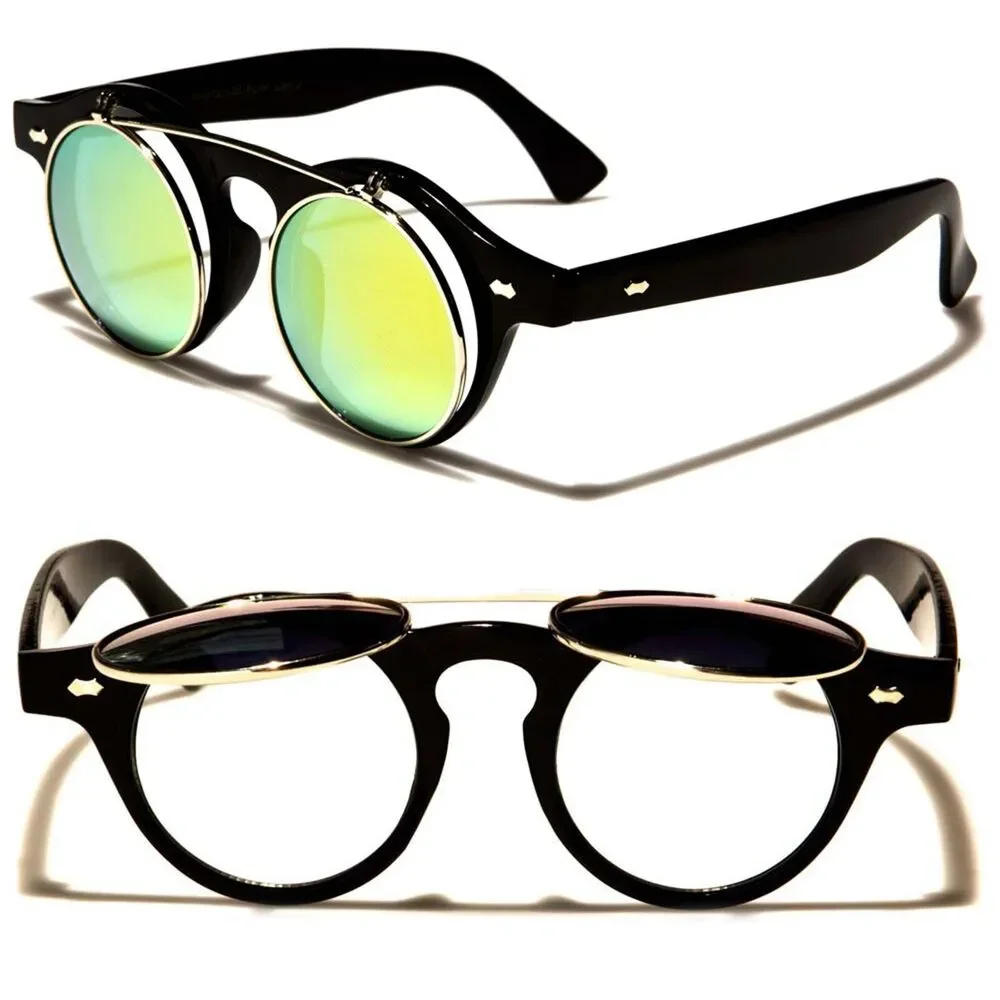 Black Flip-Up Round Sunglasses Yellow Mirrored Retro Unisex