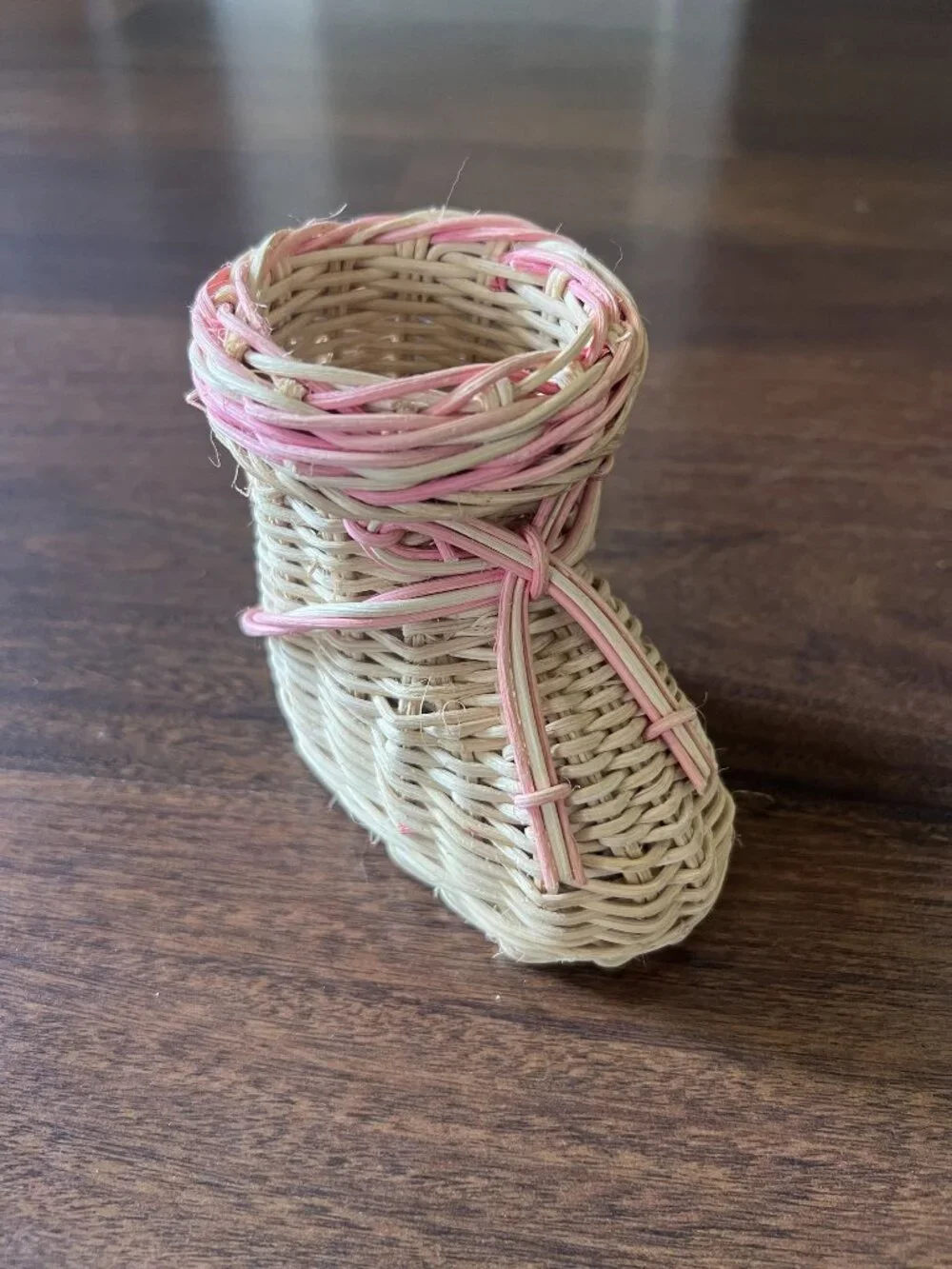 Woven Wicker Rattan Baby Boot Basket Pink Laces Small Decorative
