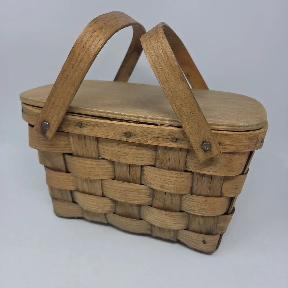Vtg Double Handle Picnic Basket Hinged Lid Basketville Putney Vermont 10”x10”x7