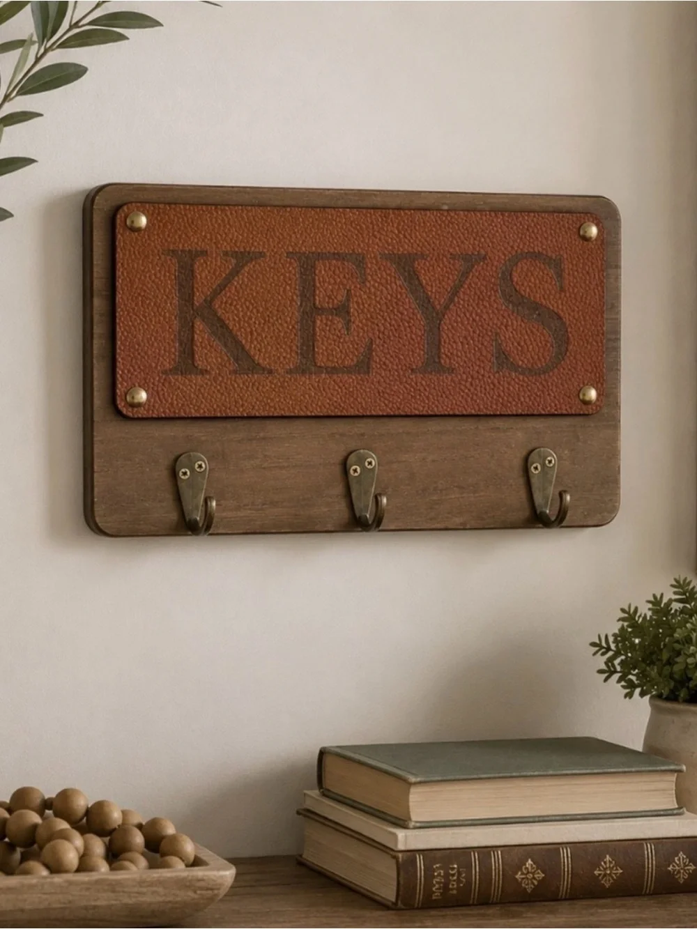 Willow Spring Keys Faux Leather 3 Wall Hook Hanging Brown Camel