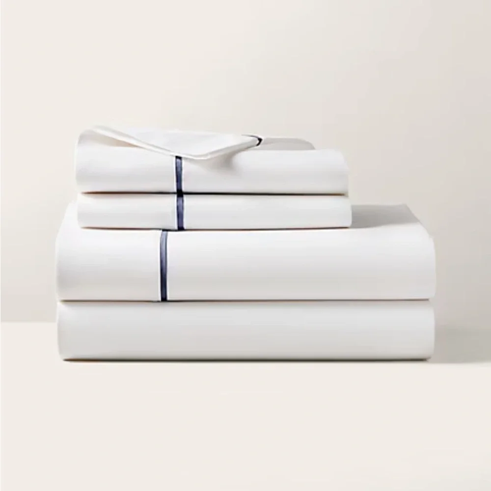 Ralph Lauren New Palmer Percale Organic Cotton Navy‎ Trim King Flat Sheet