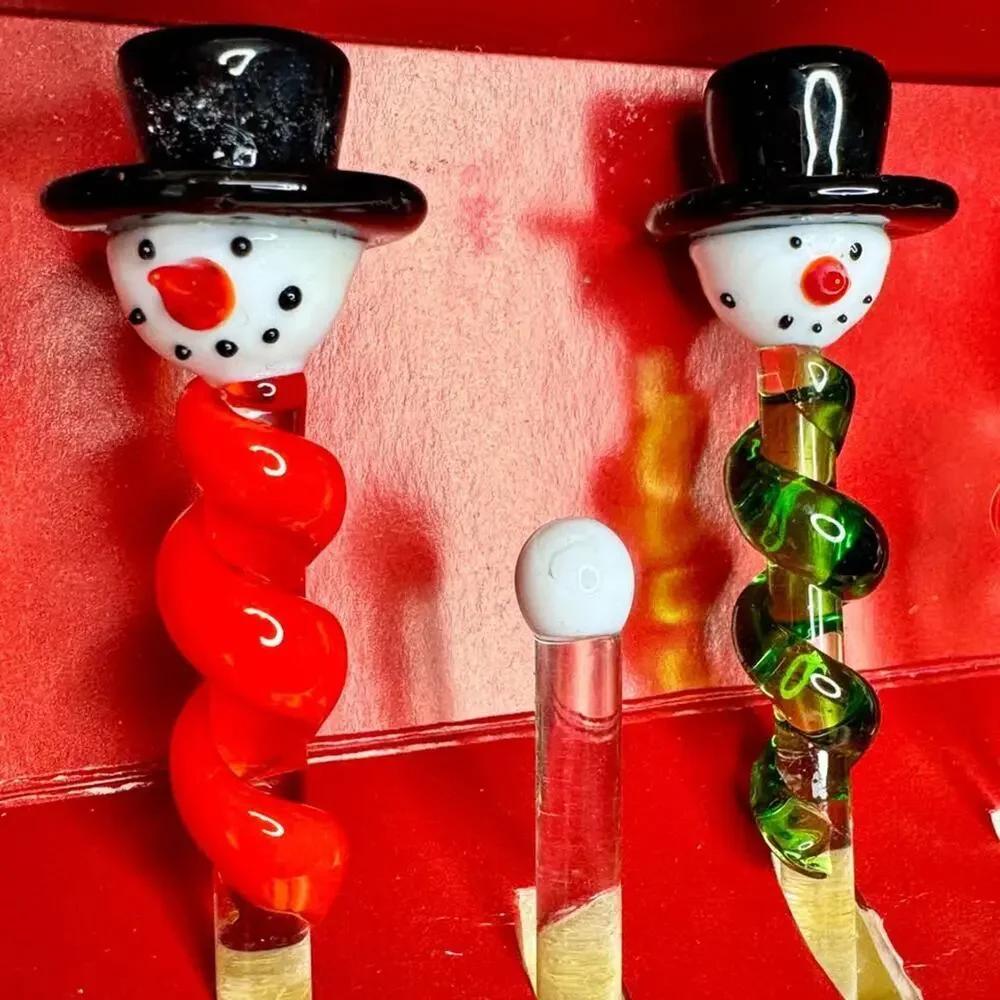 Vintage Glass Snowman Swizzle Sticks Boston Warehouse Cocktail Stirrer Christmas