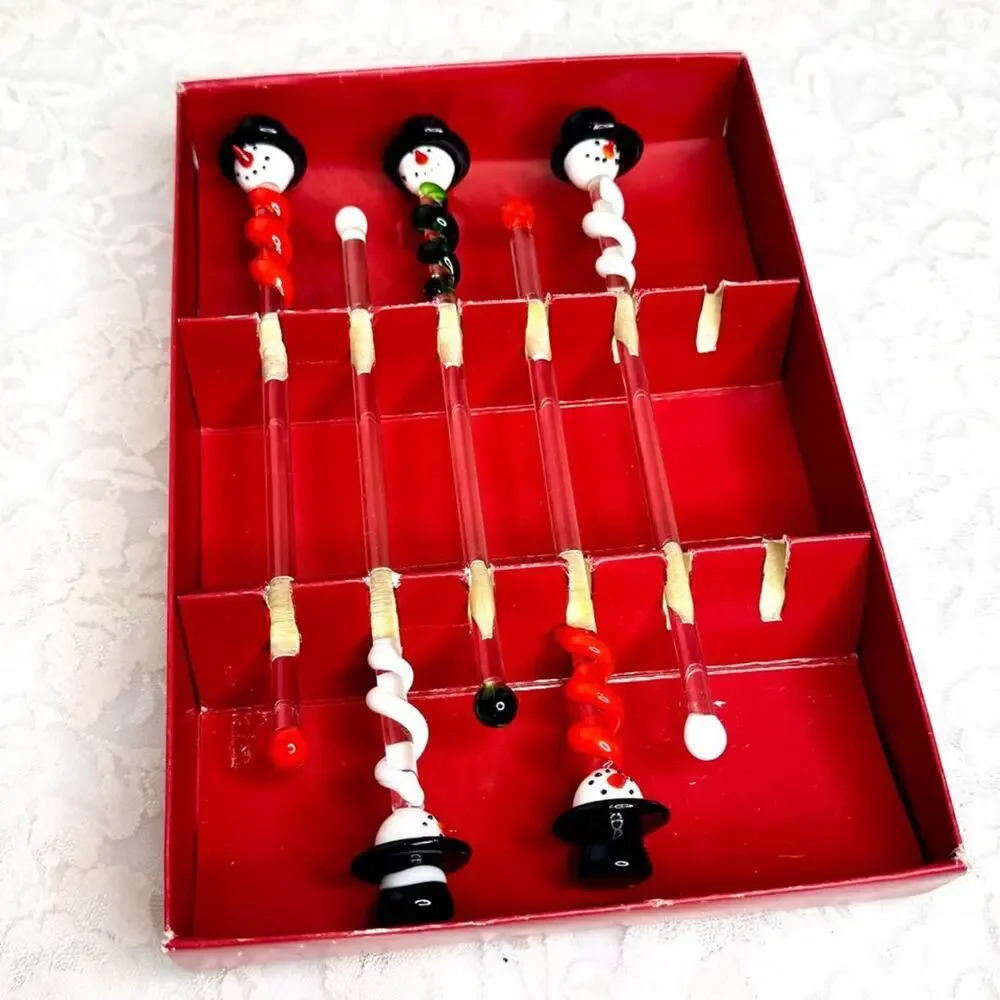 Vintage Glass Snowman Swizzle Sticks Boston Warehouse Cocktail Stirrer Christmas