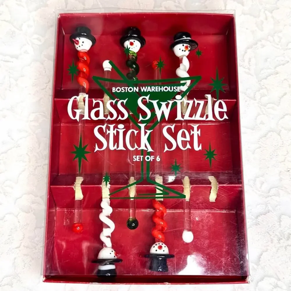 Vintage Glass Snowman Swizzle Sticks Boston Warehouse Cocktail Stirrer Christmas
