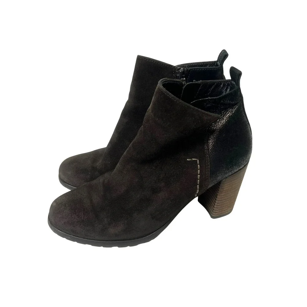 Paul Green Brown Suede Metallic Leather Ankle Boots Womens 4 US 6.5 Quiet Luxury