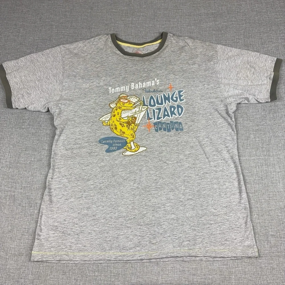Tommy Bahama Shirt Mens L Gray Lounge Lizard Graphic Ringer Tee Tagless Jersey