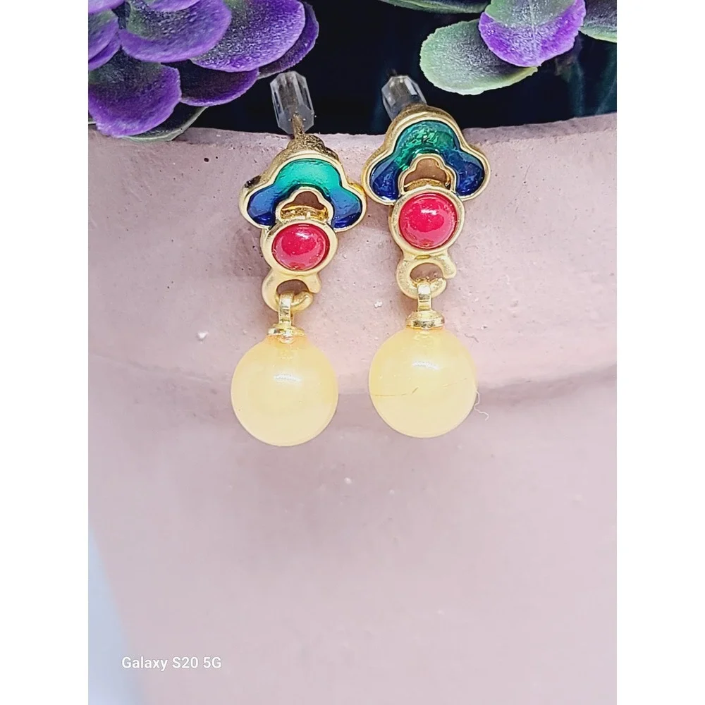 Vintage Style Enamel Drop Earrings Gold Tone Yellow Red‎ Green Blue Beaded Studs