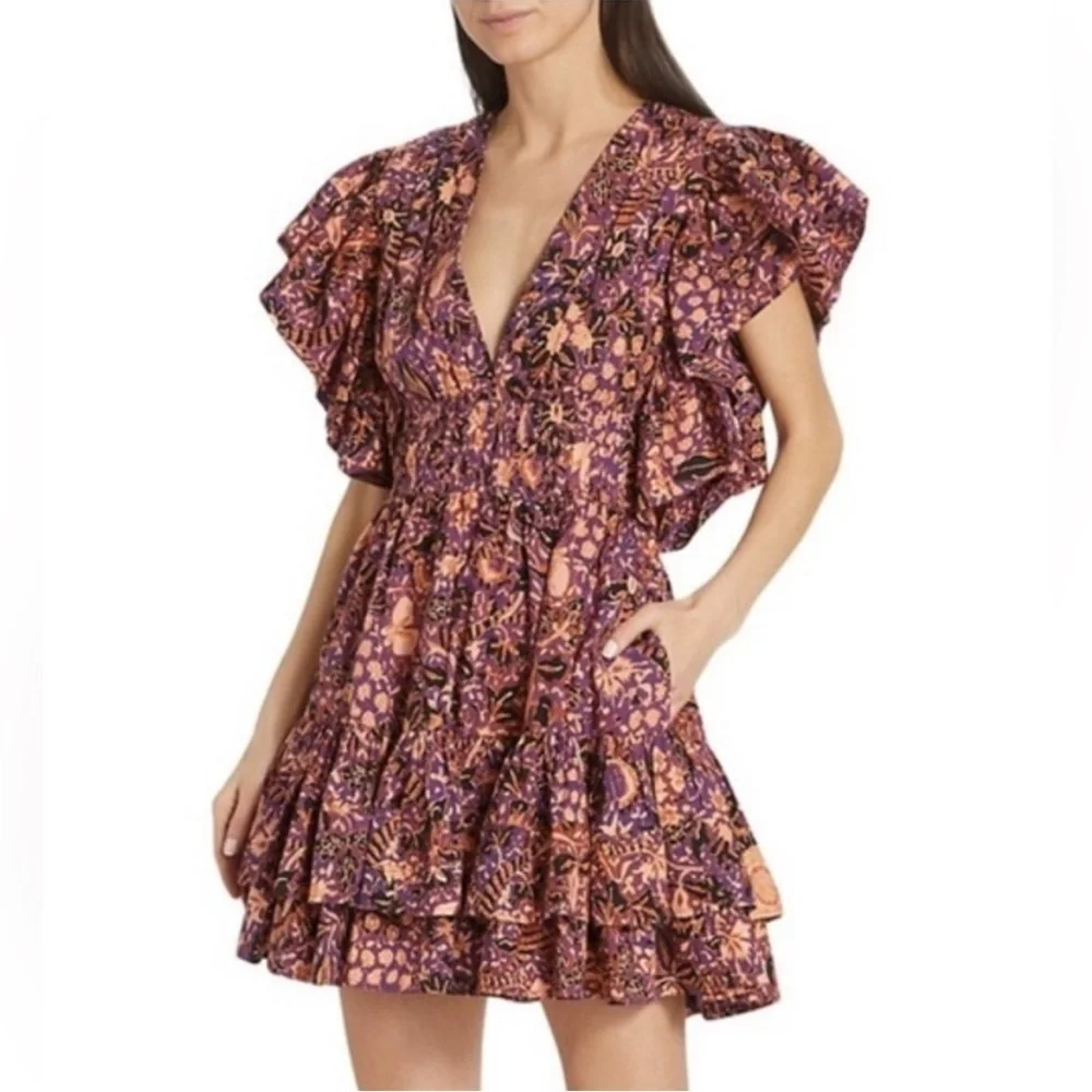ULLA JOHNSON Kiri Dress Floral Print Ruffle Dress 100% Cotton Orange Size 10