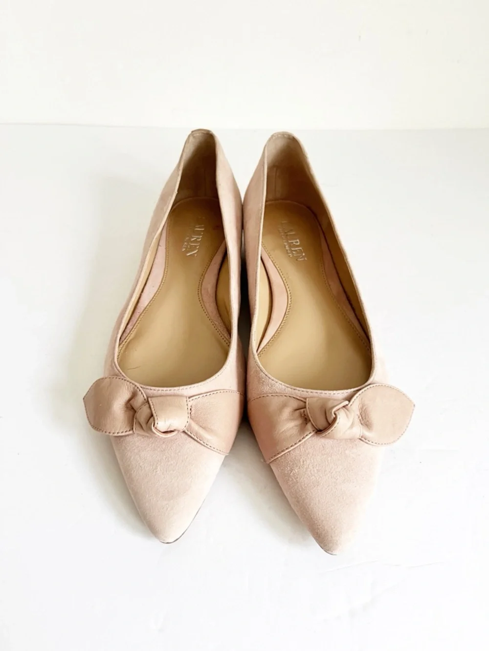 SZ 8.5 Lauren Ralph Lauren Blush Pink Pointed Toe Bow Flats
