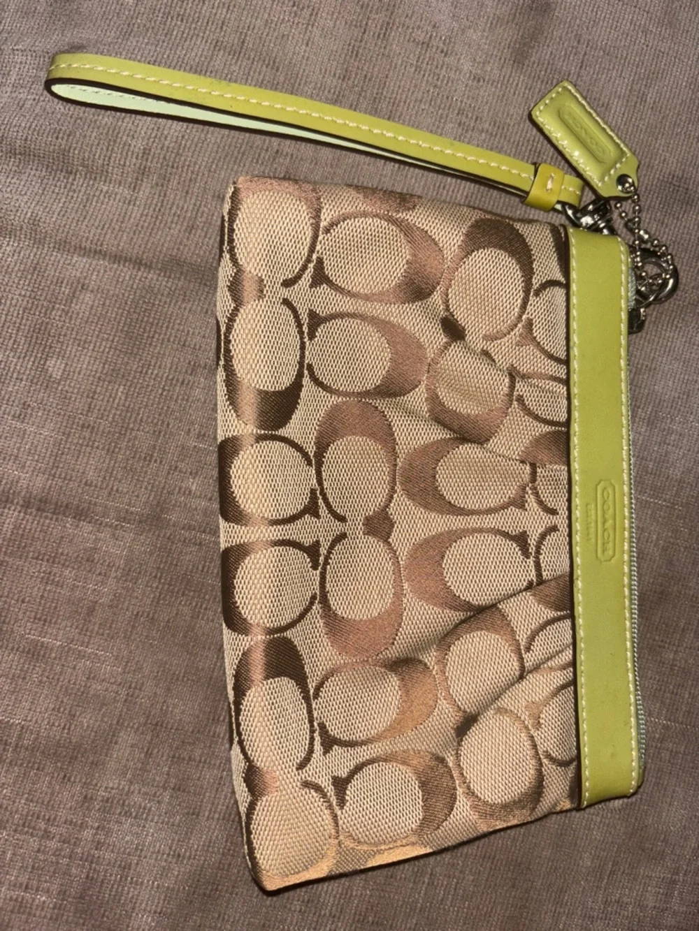 Coach Beige Signature Wristlet with Lime Trim