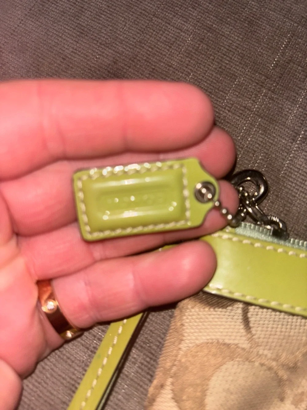 Coach Beige Signature Wristlet with Lime Trim
