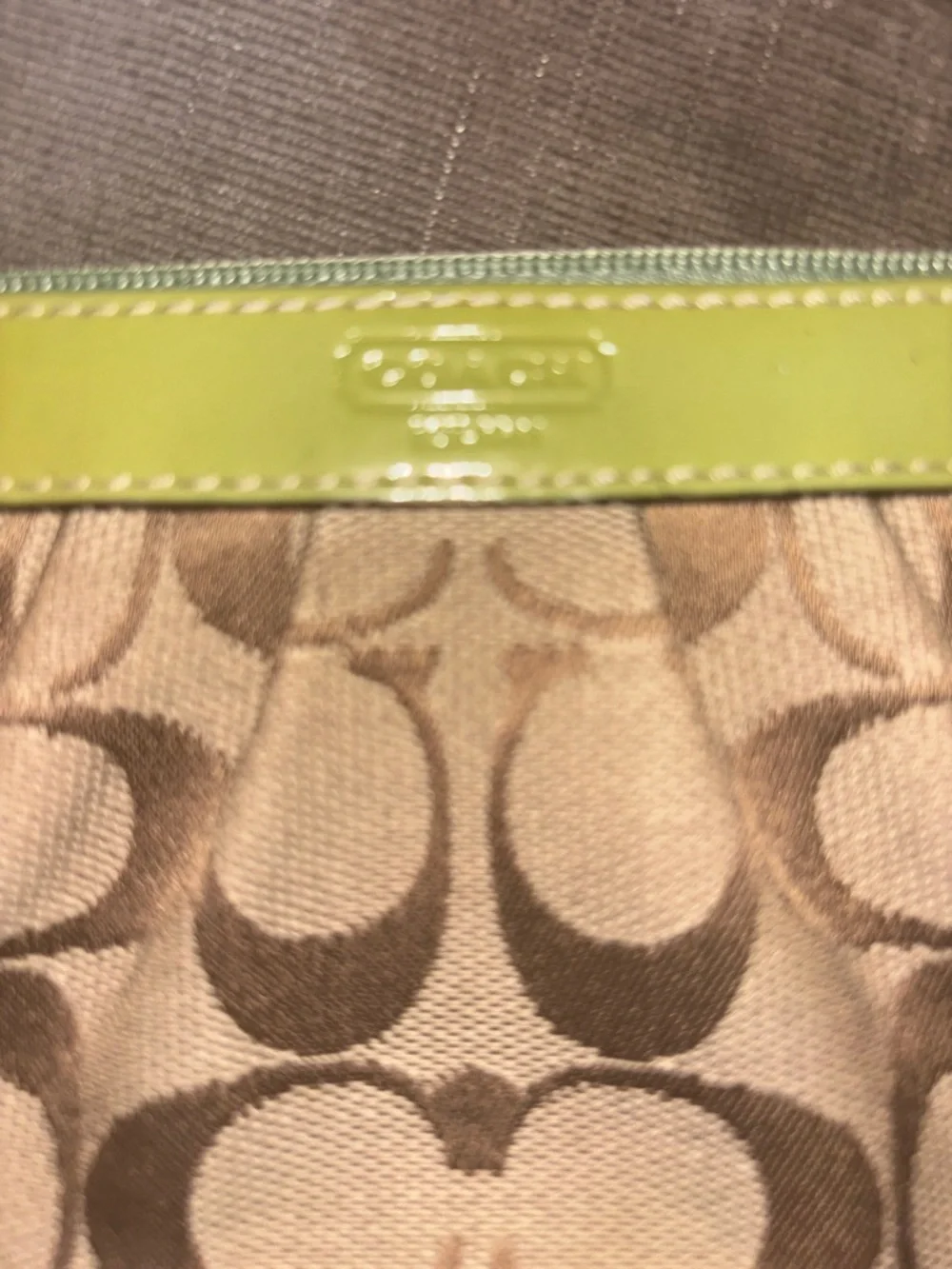 Coach Beige Signature Wristlet with Lime Trim