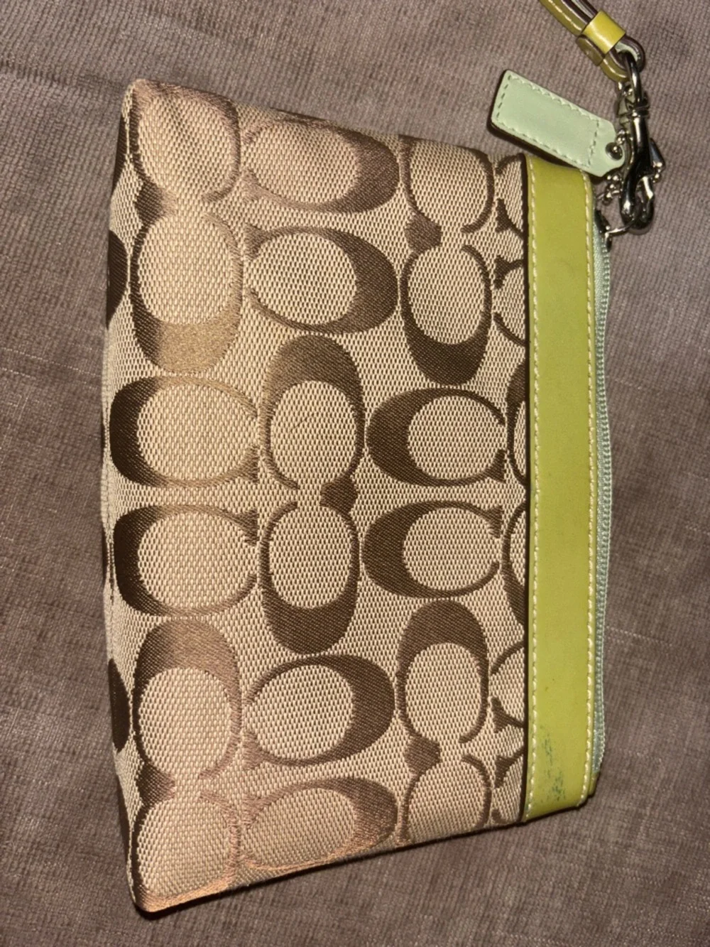 Coach Beige Signature Wristlet with Lime Trim