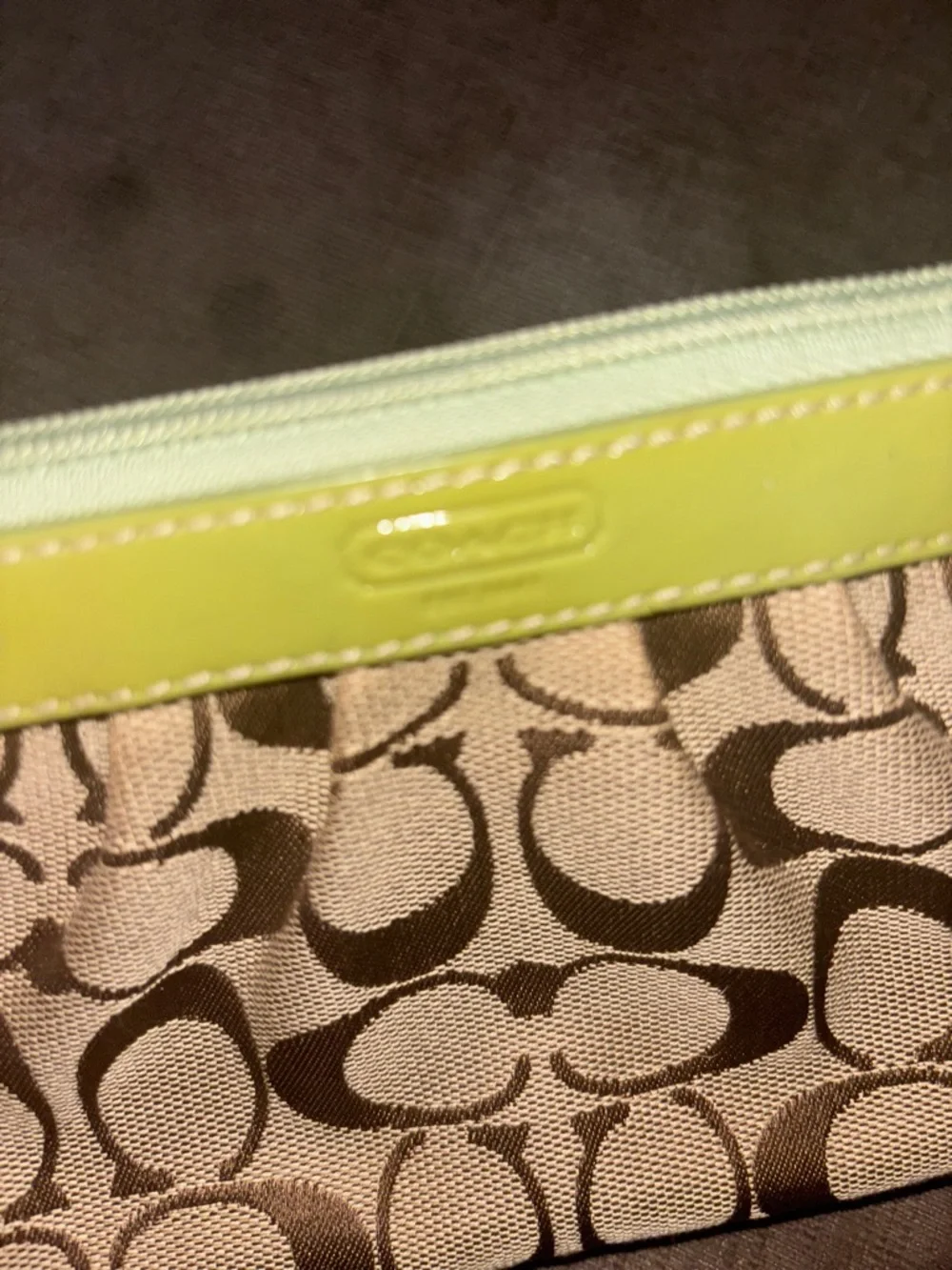 Coach Beige Signature Wristlet with Lime Trim