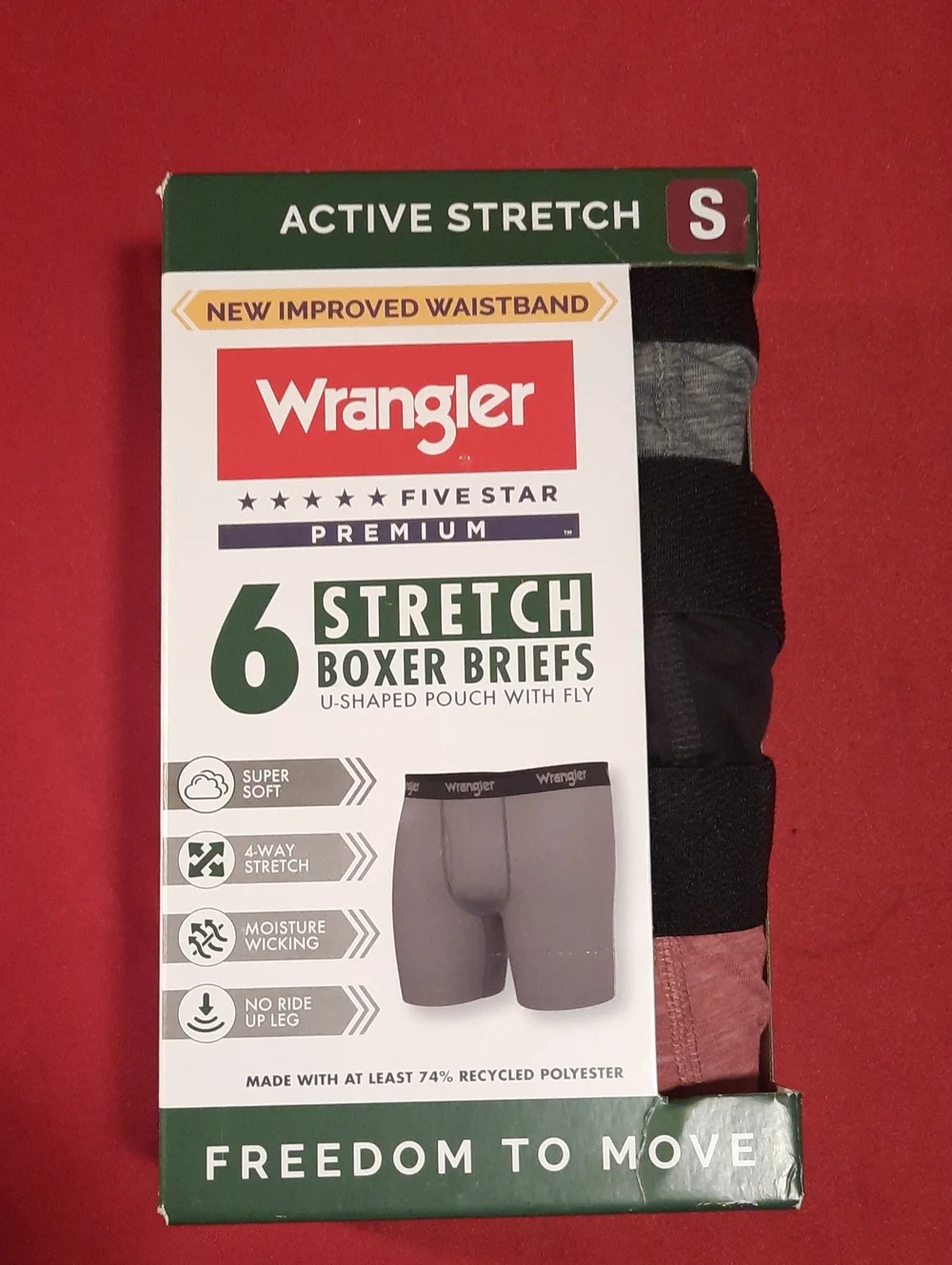 Wrangler 6-Pack Active Stretch Boxer Briefs - Gray, Black, Maroon