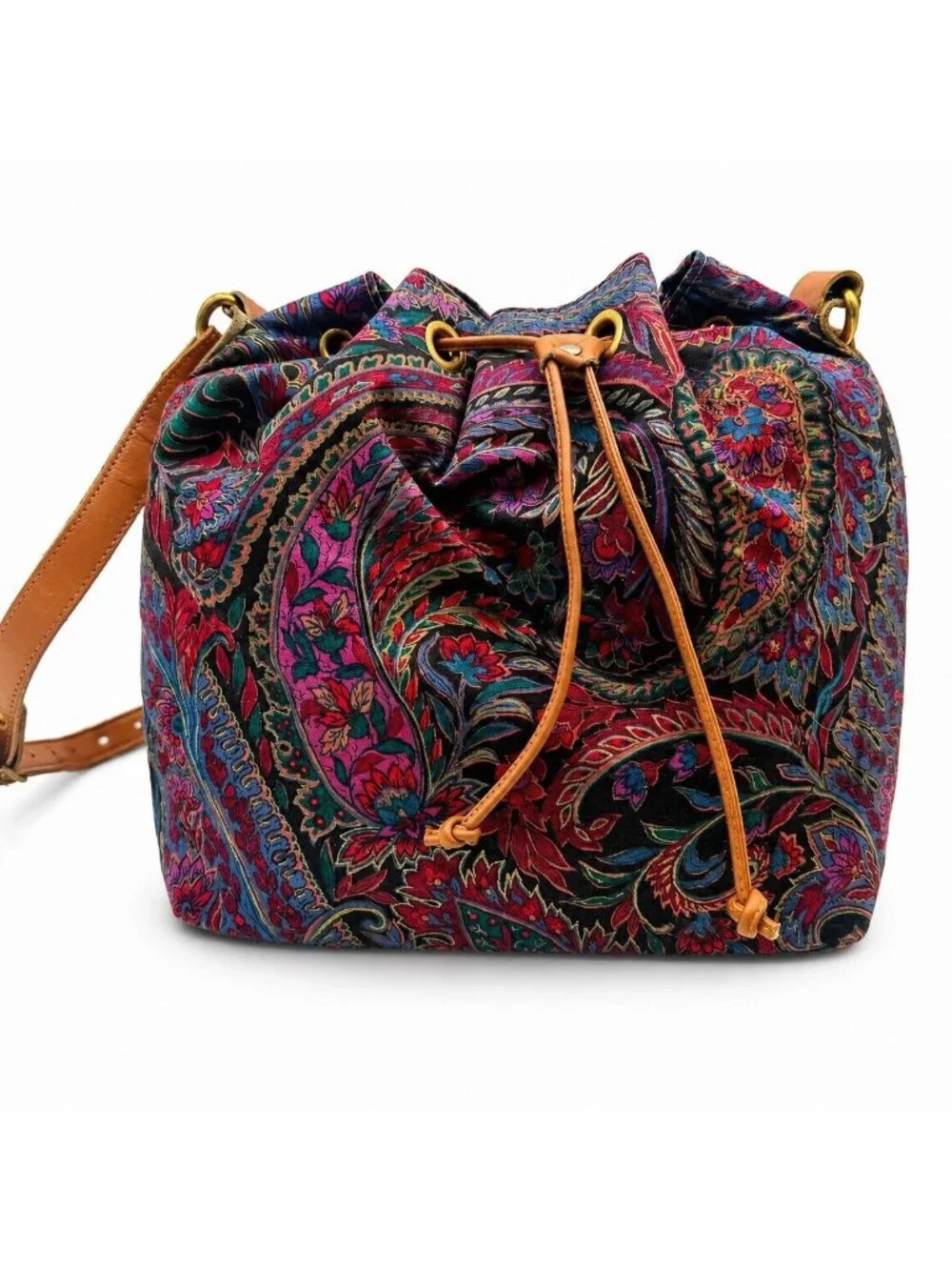Vintage Richmark Paisley Drawstring Bucket Bag Boho Crossbody Purse USA