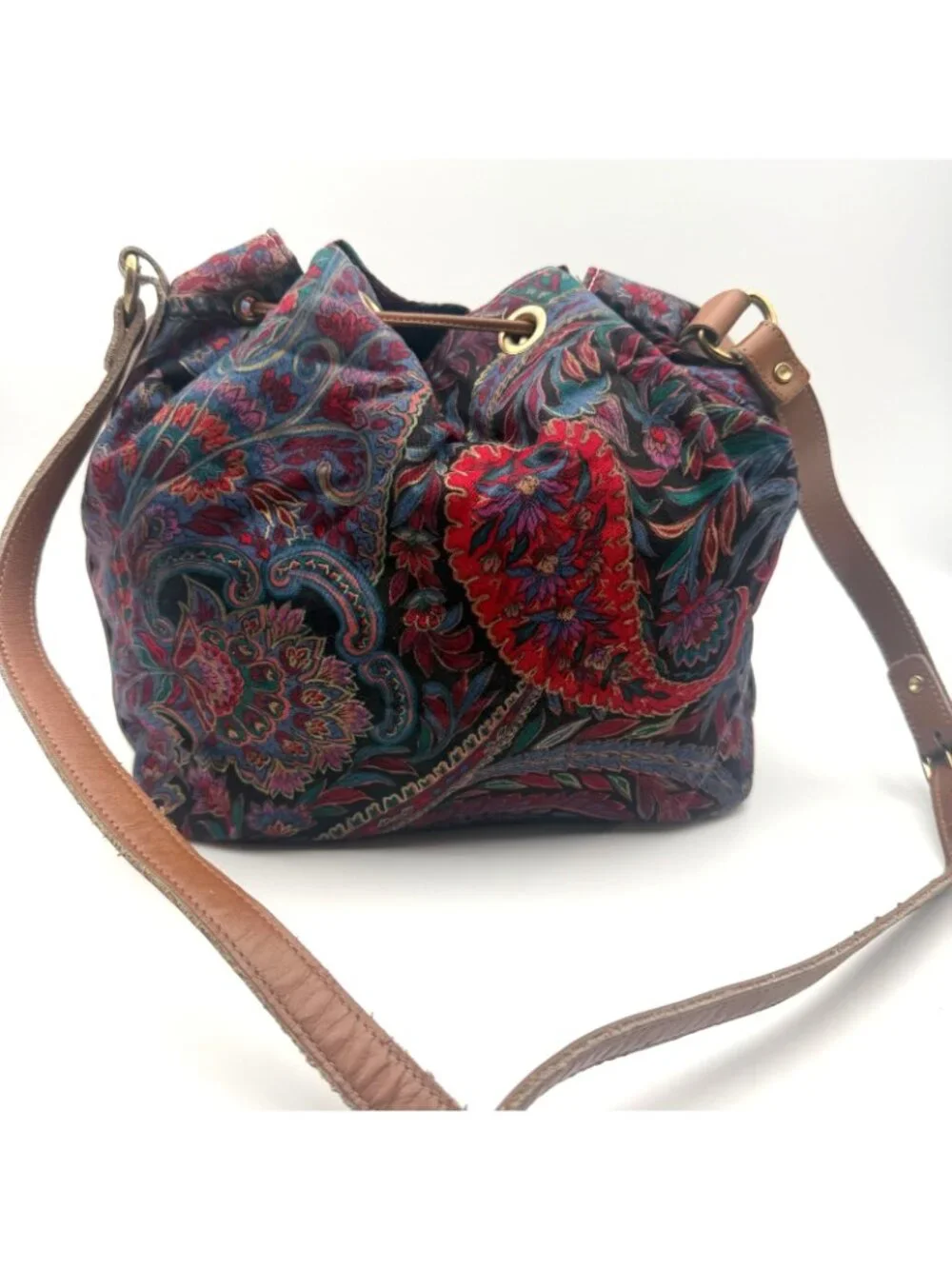 Vintage Richmark Paisley Drawstring Bucket Bag Boho Crossbody Purse USA