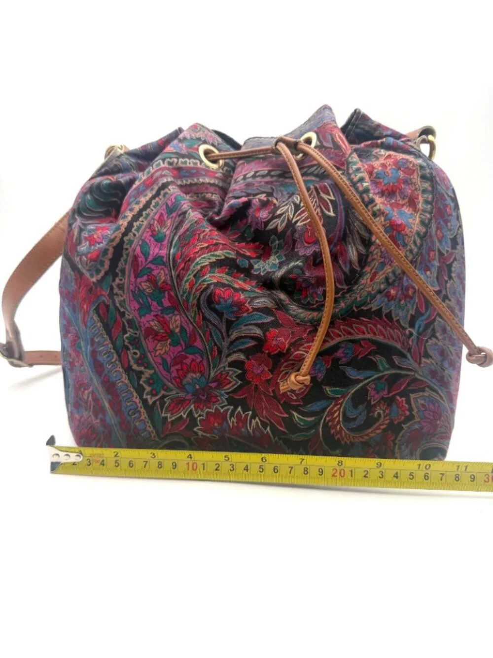 Vintage Richmark Paisley Drawstring Bucket Bag Boho Crossbody Purse USA