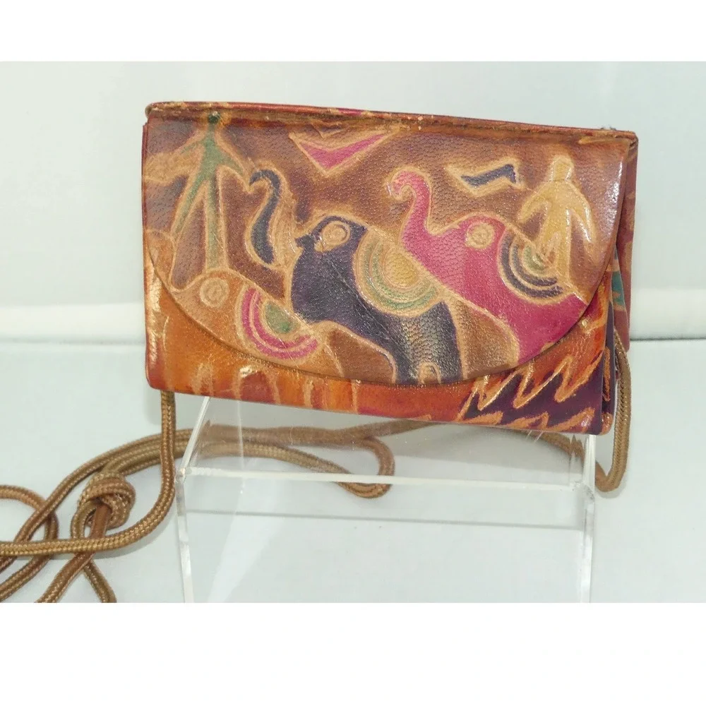 Hand Tooled Leather Elephant Crossbody Mini Bag Wallet Folk Art Multi Color Vtg