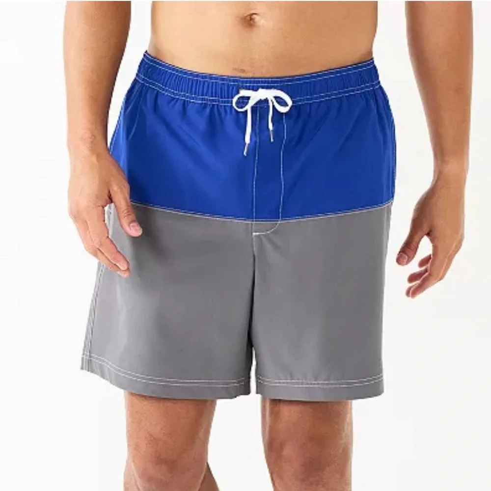 NWT Sonoma Mens Size XXL‎ Color Block Swim Trunks Shorts 7” Blue And Grey