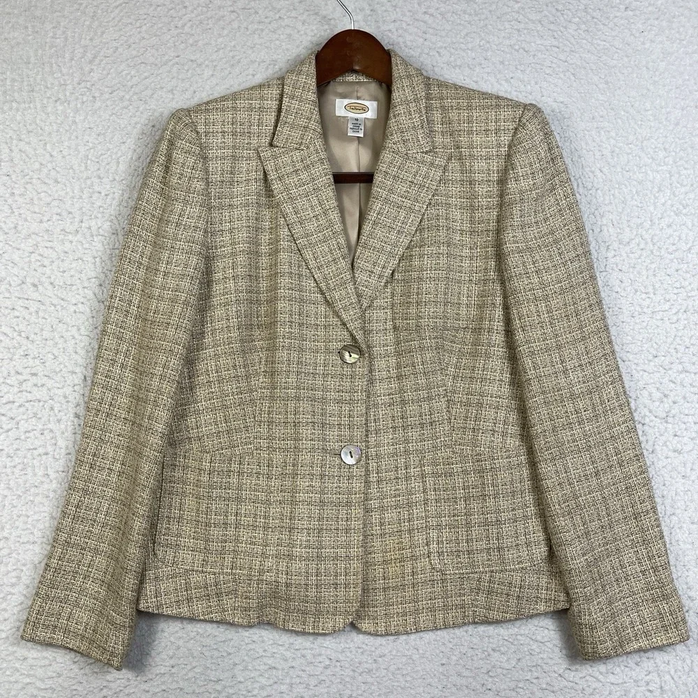 Talbots Jacket Womens 10 Beige Tweed Two Button Blazer Mature‎ Career Casual