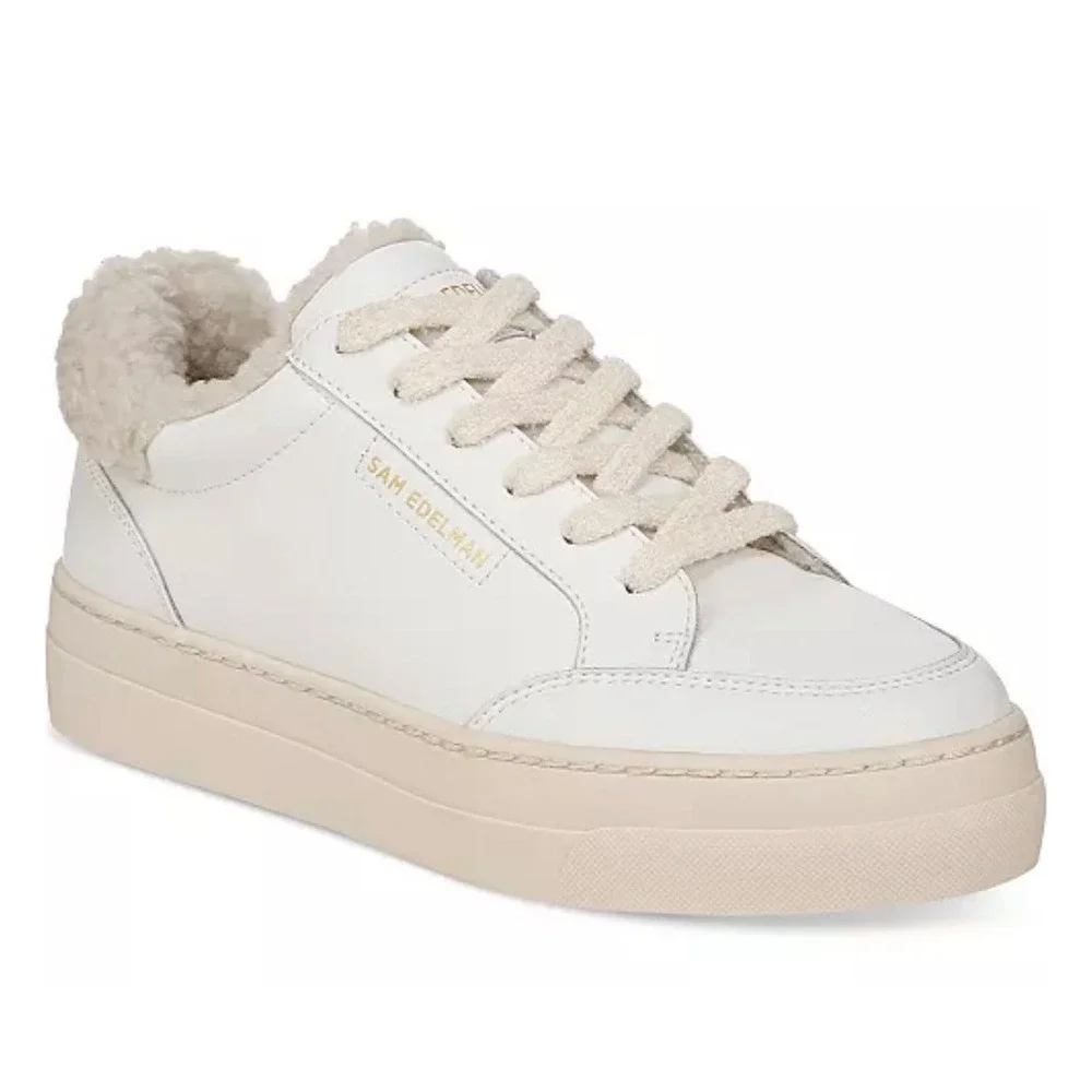 SAM EDELMAN Wess Sneaker Women 10 White Leather‎ Faux Shearling Platform Low Top