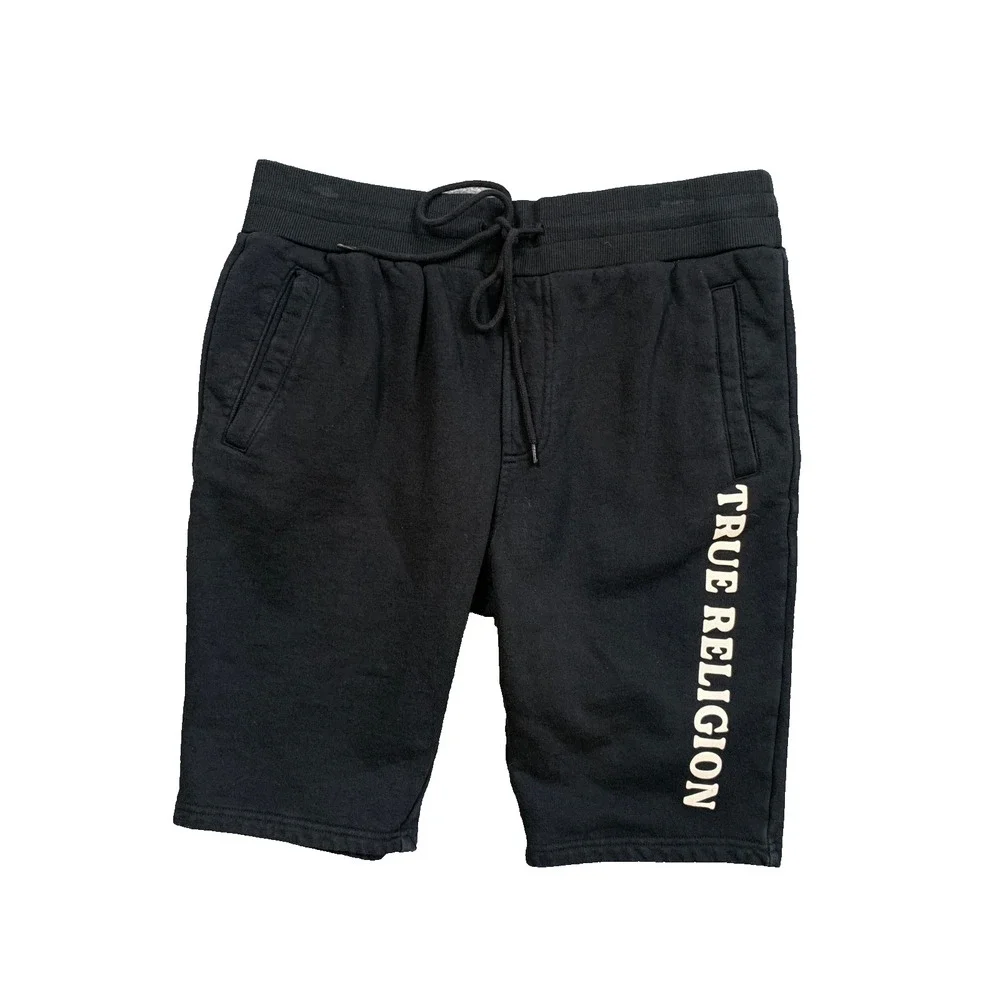 True Religion Shorts Mens L Large Black Fleece Sweat Loungewear Gym Training
