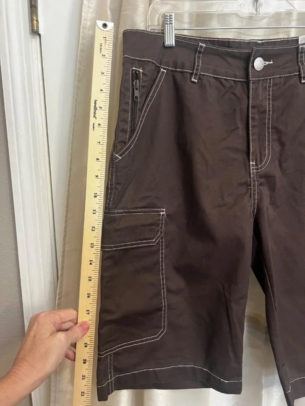 True Religion Cargo Shorts Brown Cotton Canvas Contrast Stitching Utility 34.