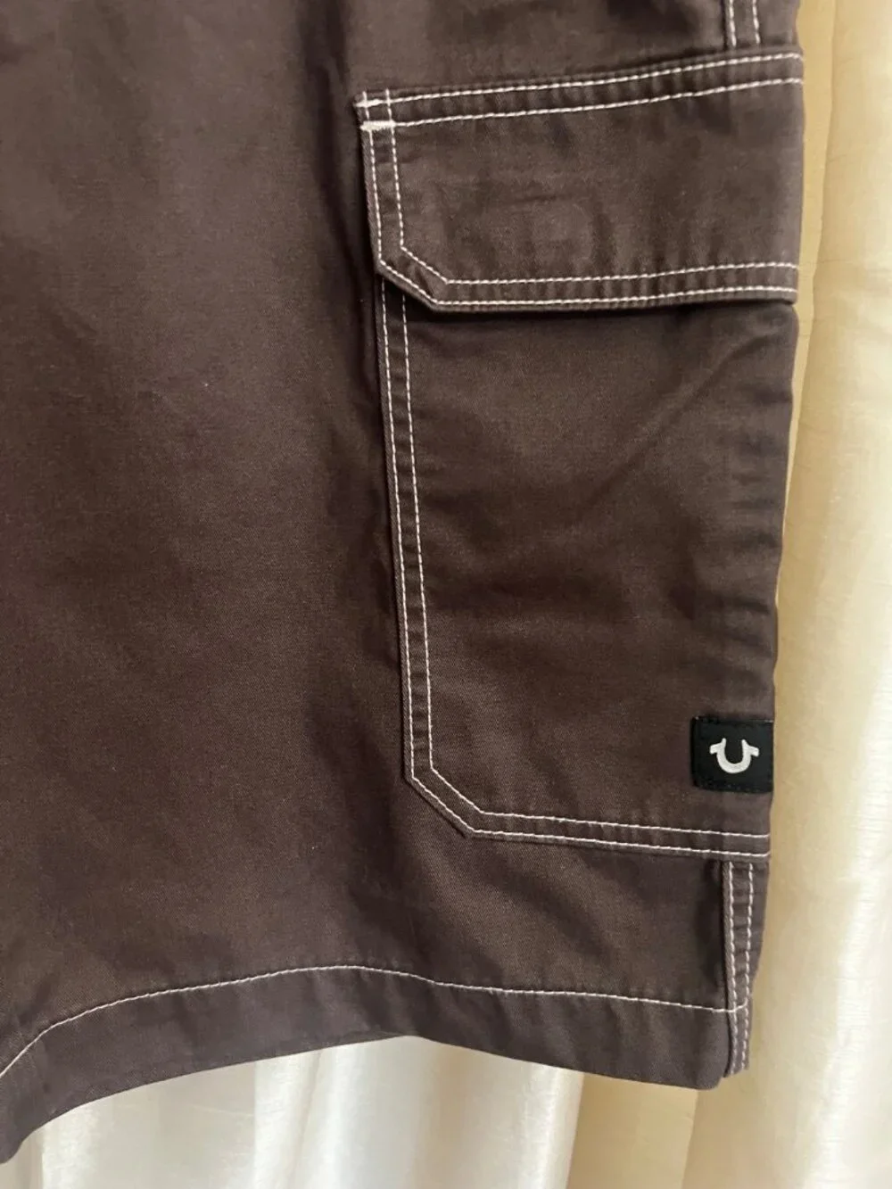 True Religion Cargo Shorts Brown Cotton Canvas Contrast Stitching Utility 34.