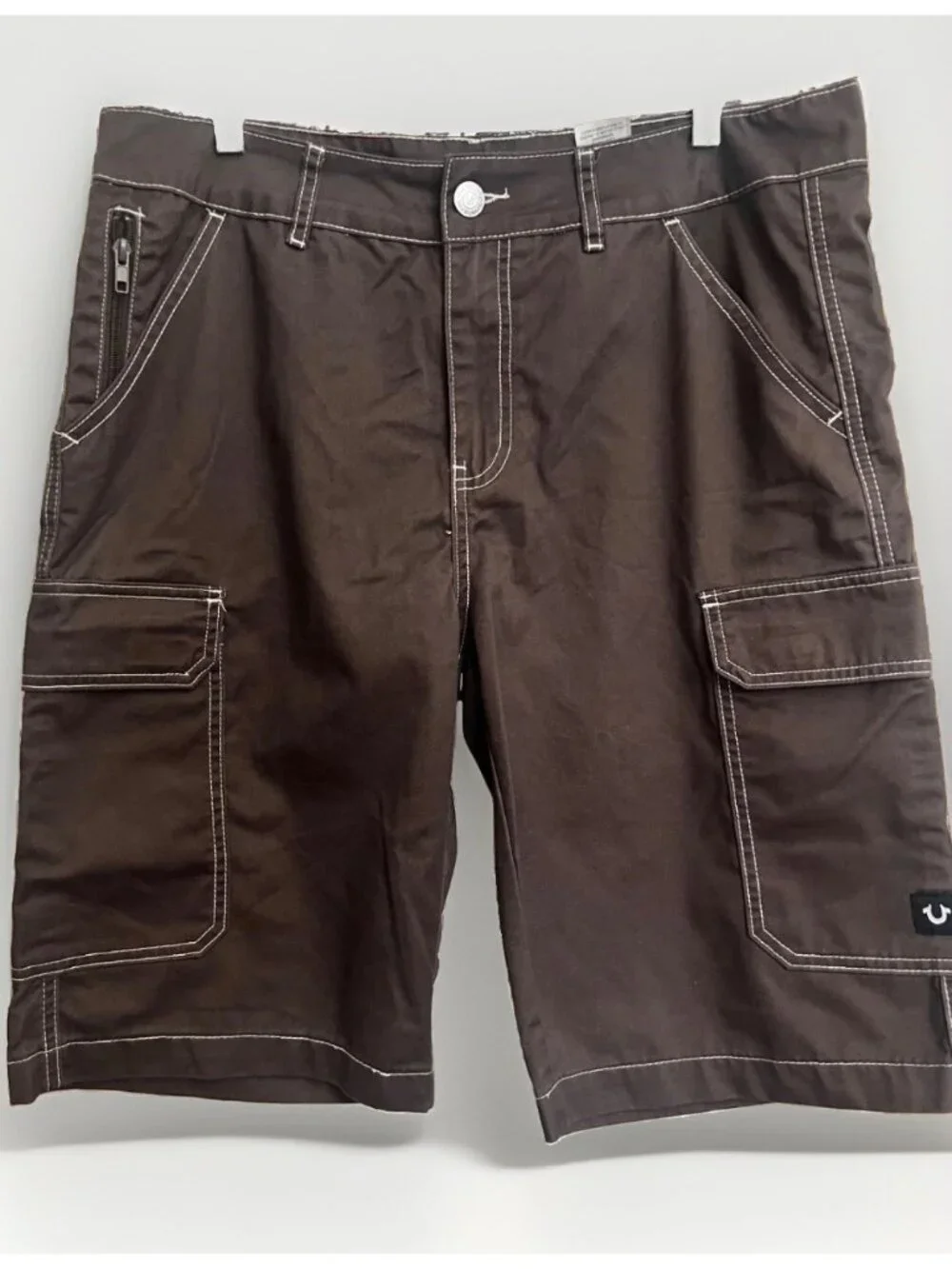 True Religion Cargo Shorts Brown Cotton Canvas Contrast Stitching Utility 34.