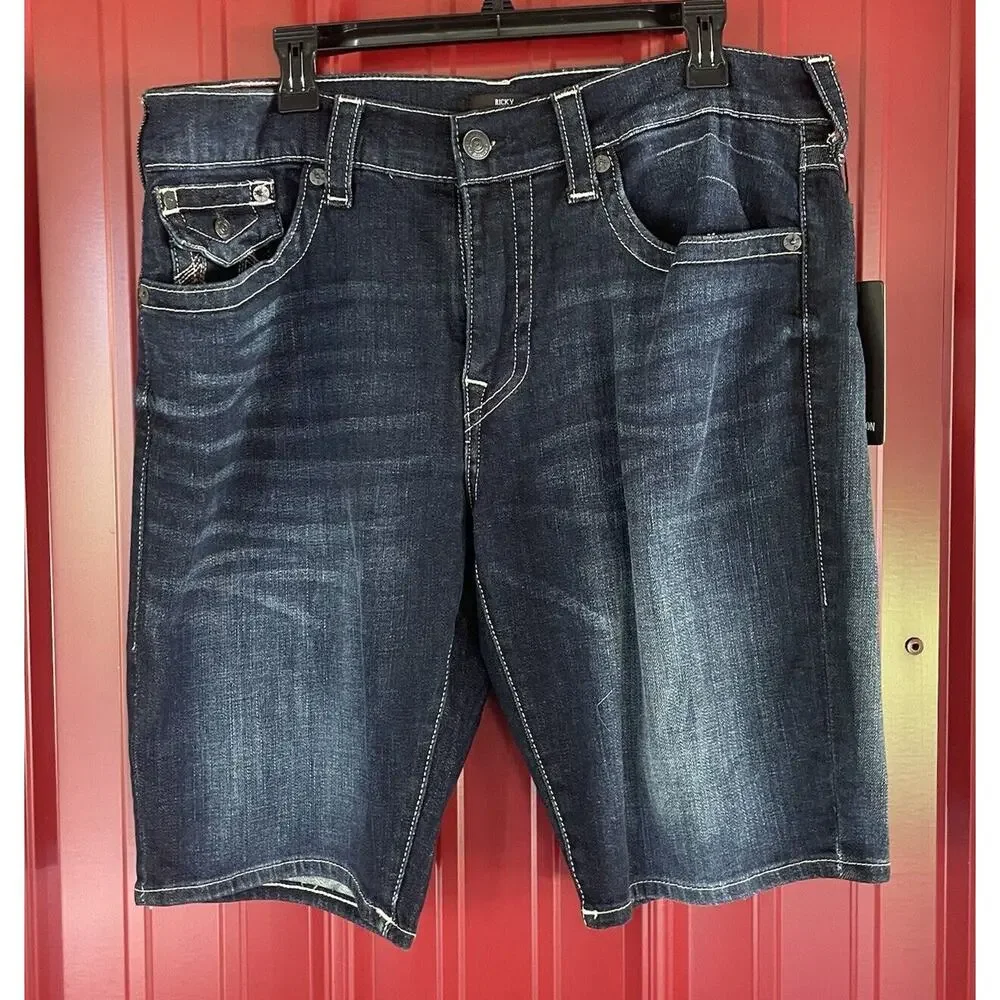 True Religion Shorts Ricky Denim Relaxed Straight‎ Flap Pockets Mens 36 New
