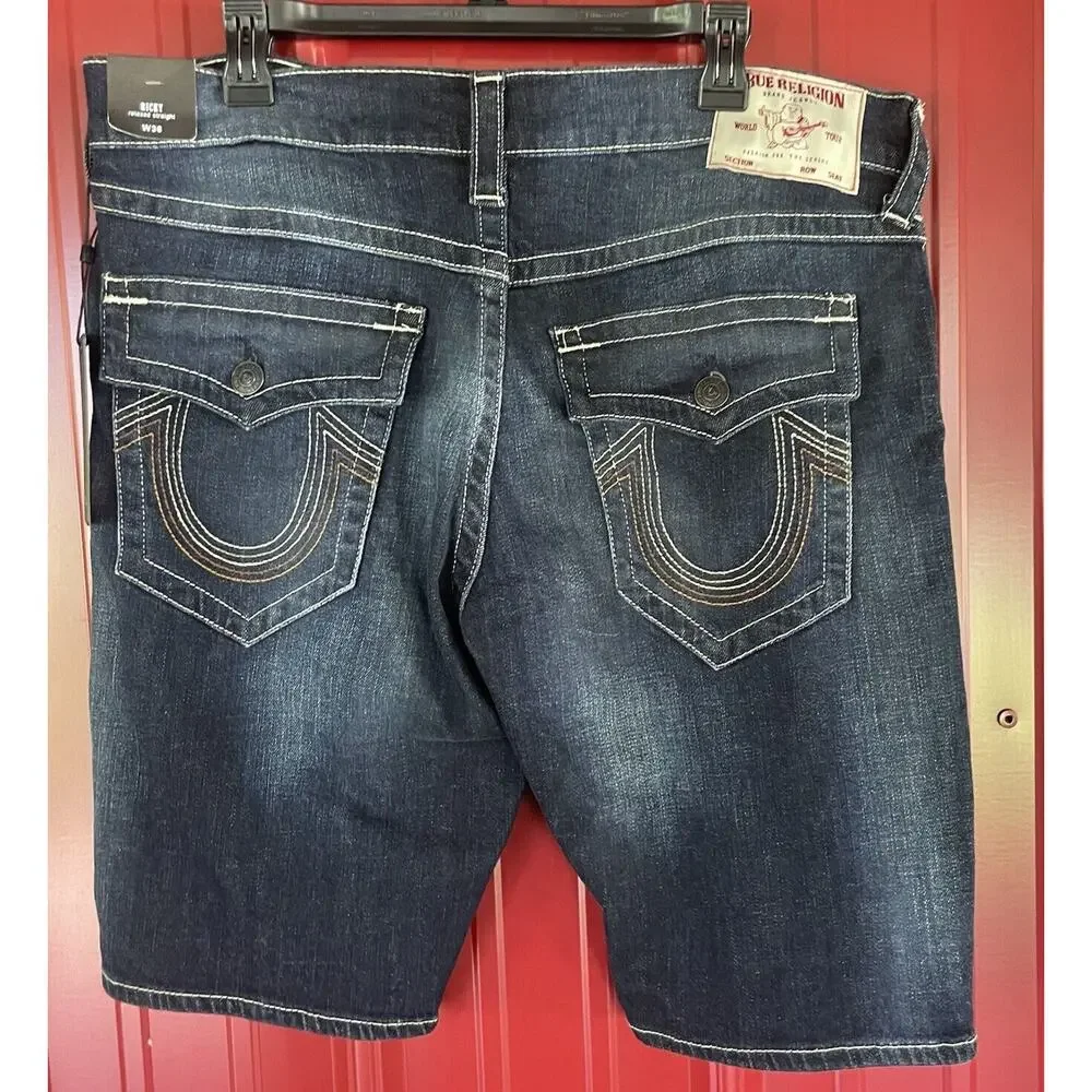 True Religion Shorts Ricky Denim Relaxed Straight‎ Flap Pockets Mens 36 New