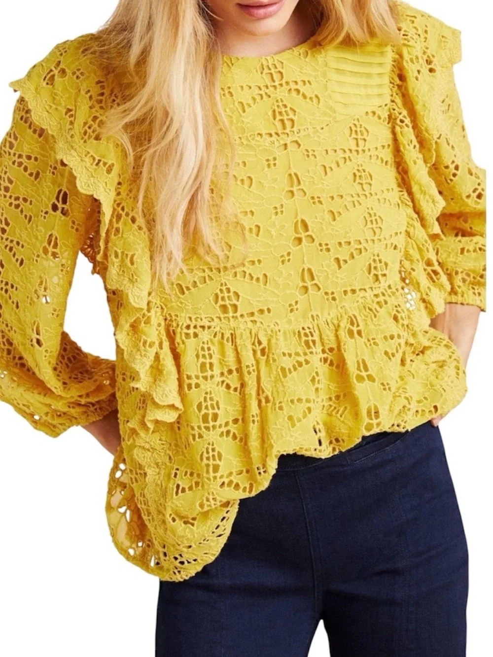 Anthropologie Clementine Eyelet Lace Ruffle Babydoll Blouse Yellow US 12