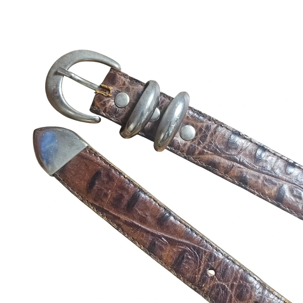 Pierre-G Crocodrillo Calf Leather Belt Brown US 32 Silver Buckle Made in Italy