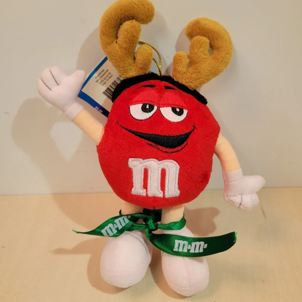 M M Christmas Mini Seasonal Plush Reindeer Antlers Green Ribbon‎ Ornament 2001