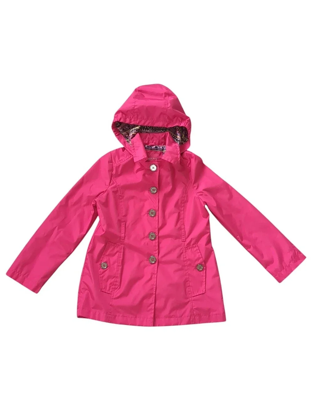 London Fog Girls Vibrant Pink Hooded Button Front Rain Jacket Size S/7/8