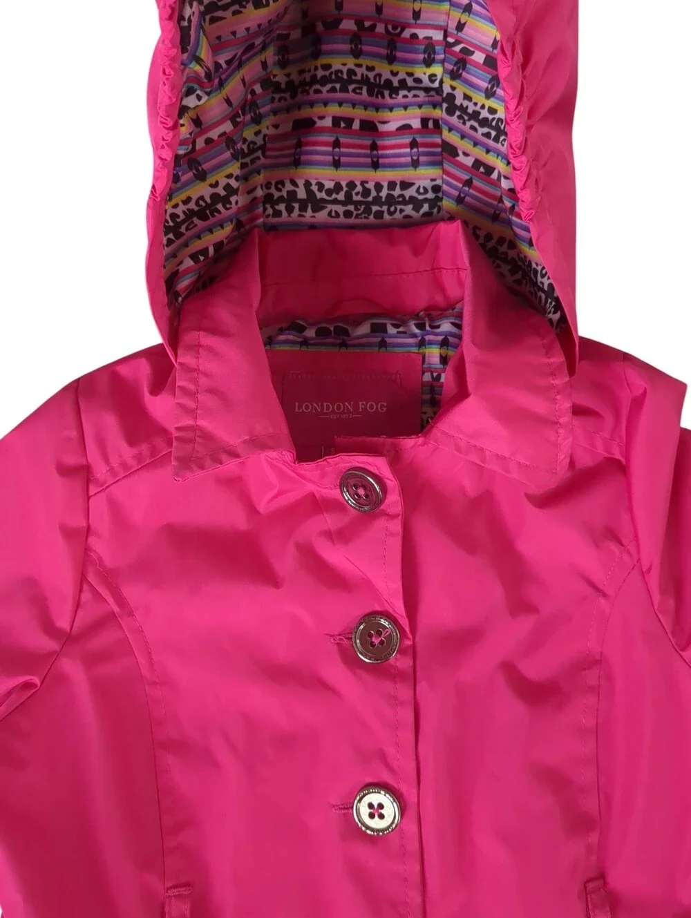 London Fog Girls Vibrant Pink Hooded Button Front Rain Jacket Size S/7/8